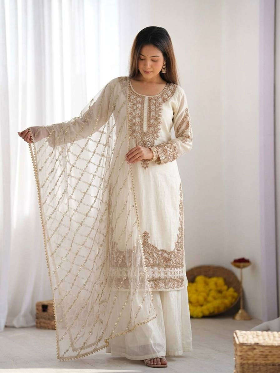 Thumbnail: Elevate your festive style with this luxurious Fendy Silk Sharara Set, designe