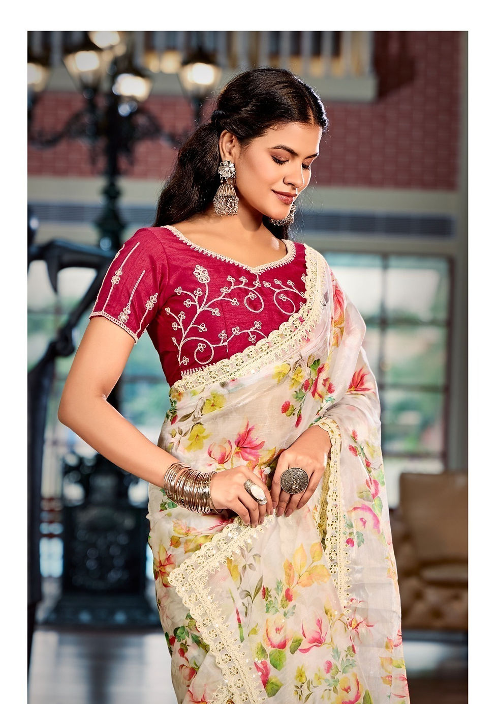 Thumbnail: Juery Heavy Burberry Saree with Embroidered Cutwork Border