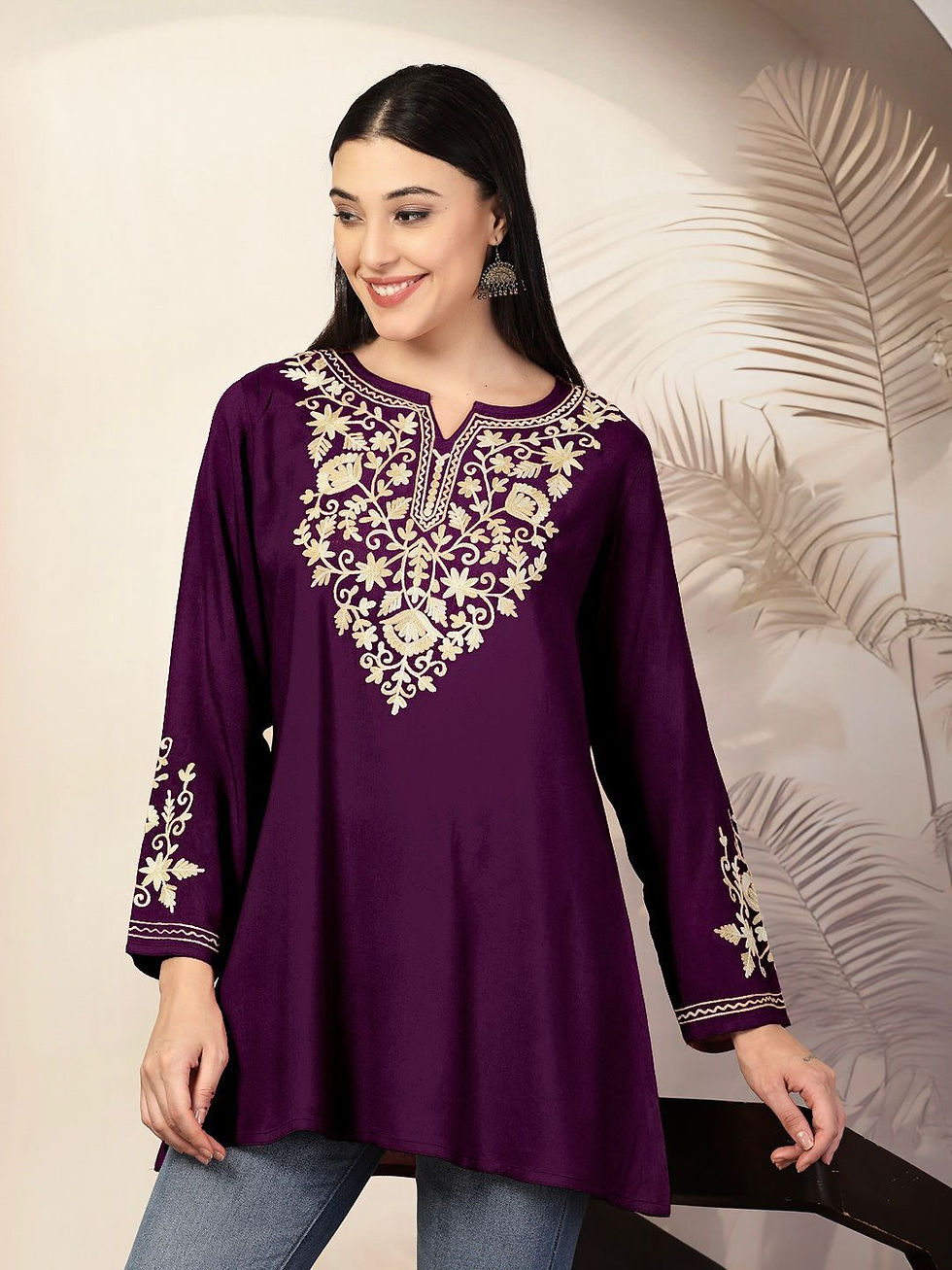 Thumbnail: Women Heavy Rayon Embroidered Short Kurti with Long Sleeves Casual Ethnic Daily