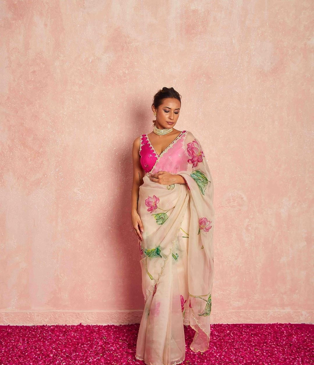 Women Mulmul Organza Saree with Handcrafted Work and Silk Blouse