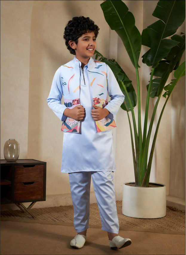Thumbnail: Kids Boys Satin Koti Kurta Pajama Set Festive Traditional Wear