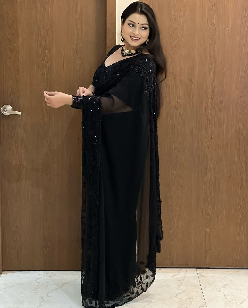 Thumbnail: Women Pure Faux Georgette Saree with Original Black Beads Work and Cutwork Borde