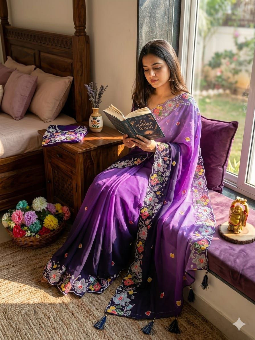 Thumbnail: Elegant Georgette Saree with Sequins and Embroidery Work