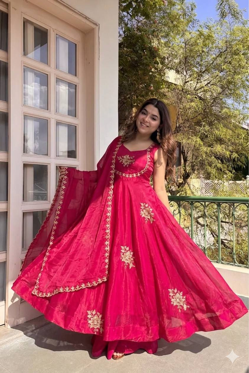 Thumbnail: Fendi Satin Gown Set Umbrella Flair Sequins Zari Embroidery Palazzo Dupatta