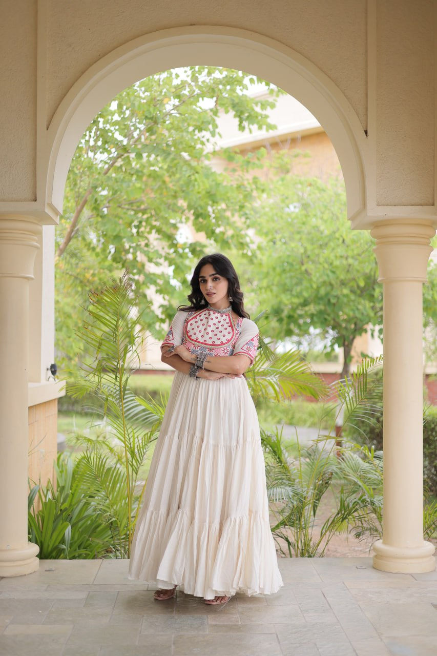 Thumbnail: Women's Kora Cotton Multi Thread Embroidered Gown with Real Mirror Work
