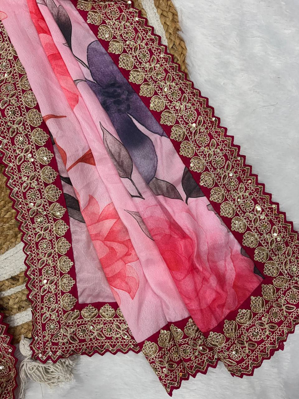 Thumbnail: Beautiful Floral Print Chinnon Silk Saree with Cording Sequins Border and Heavy