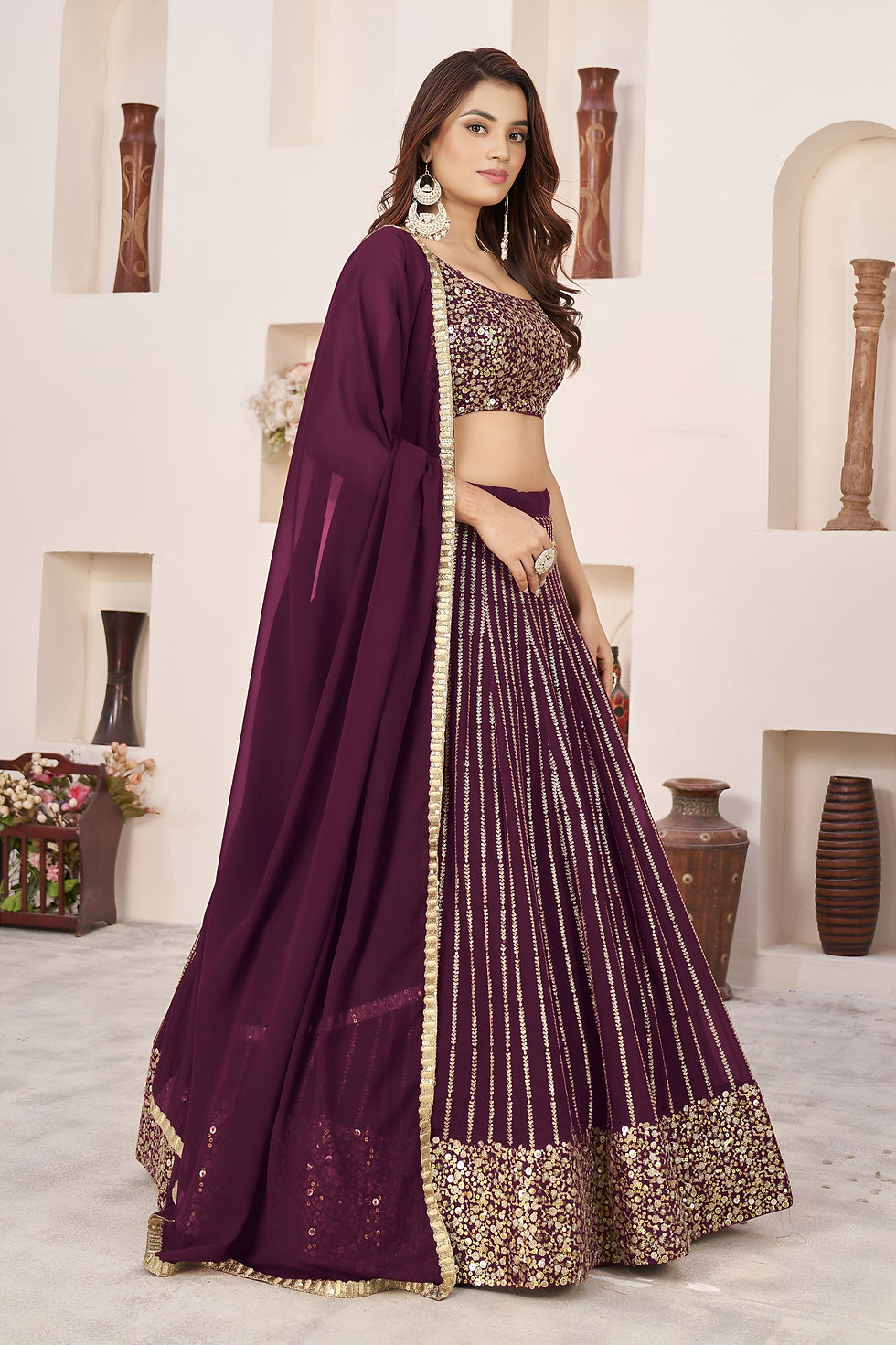 Thumbnail: Georgette Embroidered Lehenga Choli Set with Dupatta | Zari & Multiple Sequins W