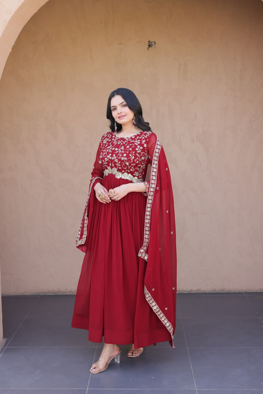 Thumbnail: Faux Blooming Embroidered Gown with Dupatta for Women Zari Sequins Festive Ethni