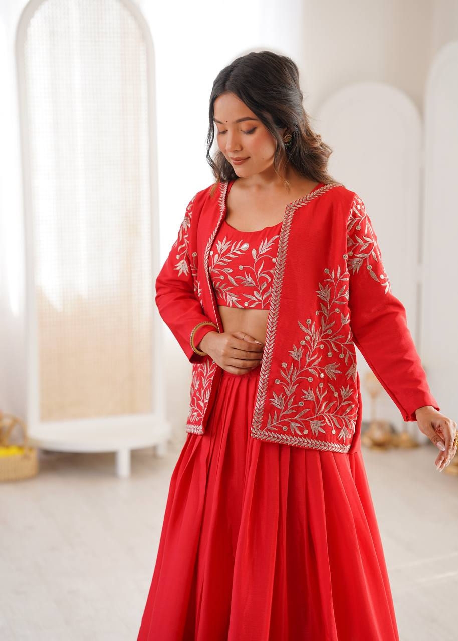 Thumbnail: Women's Heavy Chinon Silk Lehenga Choli with Embroidered Koti