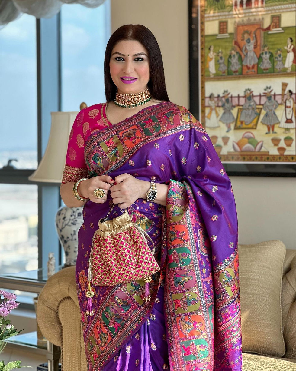 Thumbnail: Soft Kashmiri Pashmina Silk Weaving Saree With All Over Colourfull Meena Weaves