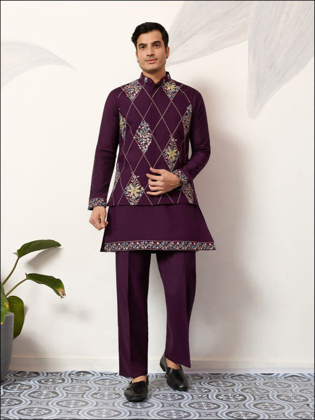 Thumbnail: Men Viscose Art Silk Thread Sequence Embroidered Kurta Koti Bottom Set Ethnic