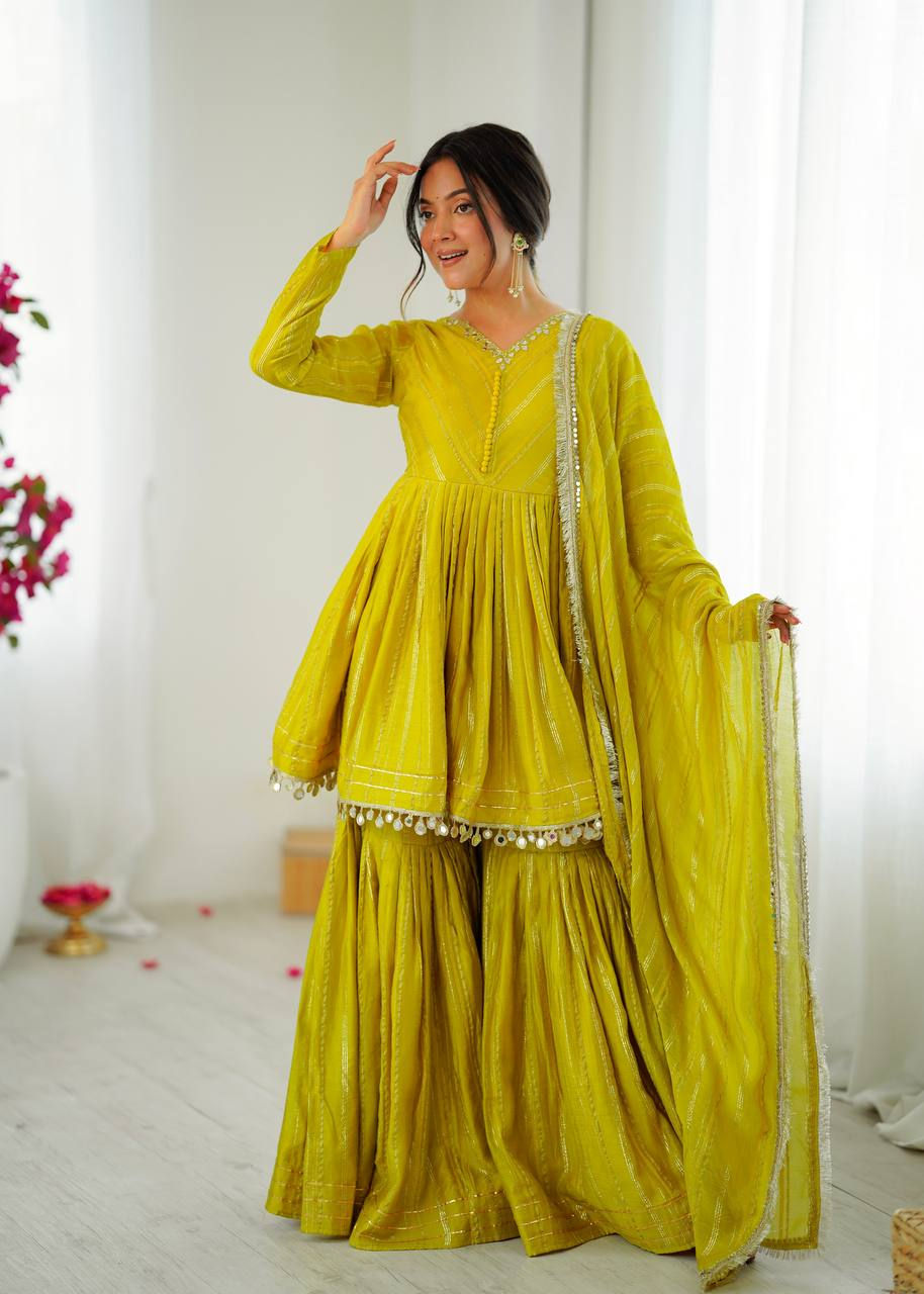Thumbnail: Women Mal Chanderi Mirror Work Sharara Palazzo Suit Set with Dupatta