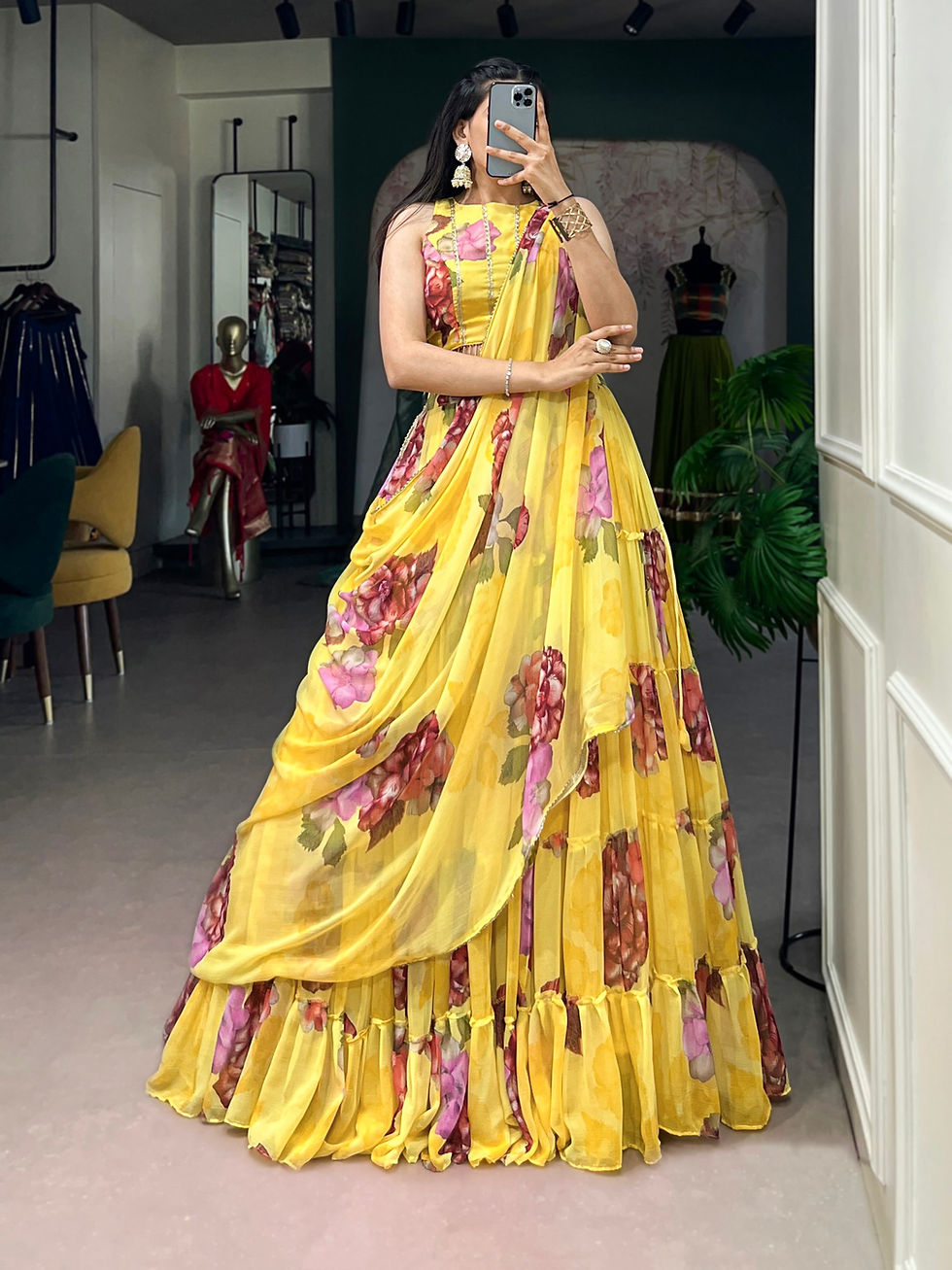 Thumbnail: Women's Floral Print Chiffon Lehenga Choli with Dupatta