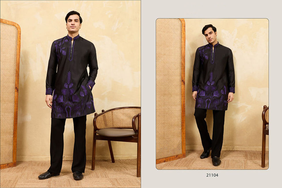 Thumbnail: Mens Khadi Silk Kurta Pant Set Multi Thread Embroidered Ethnic Wear