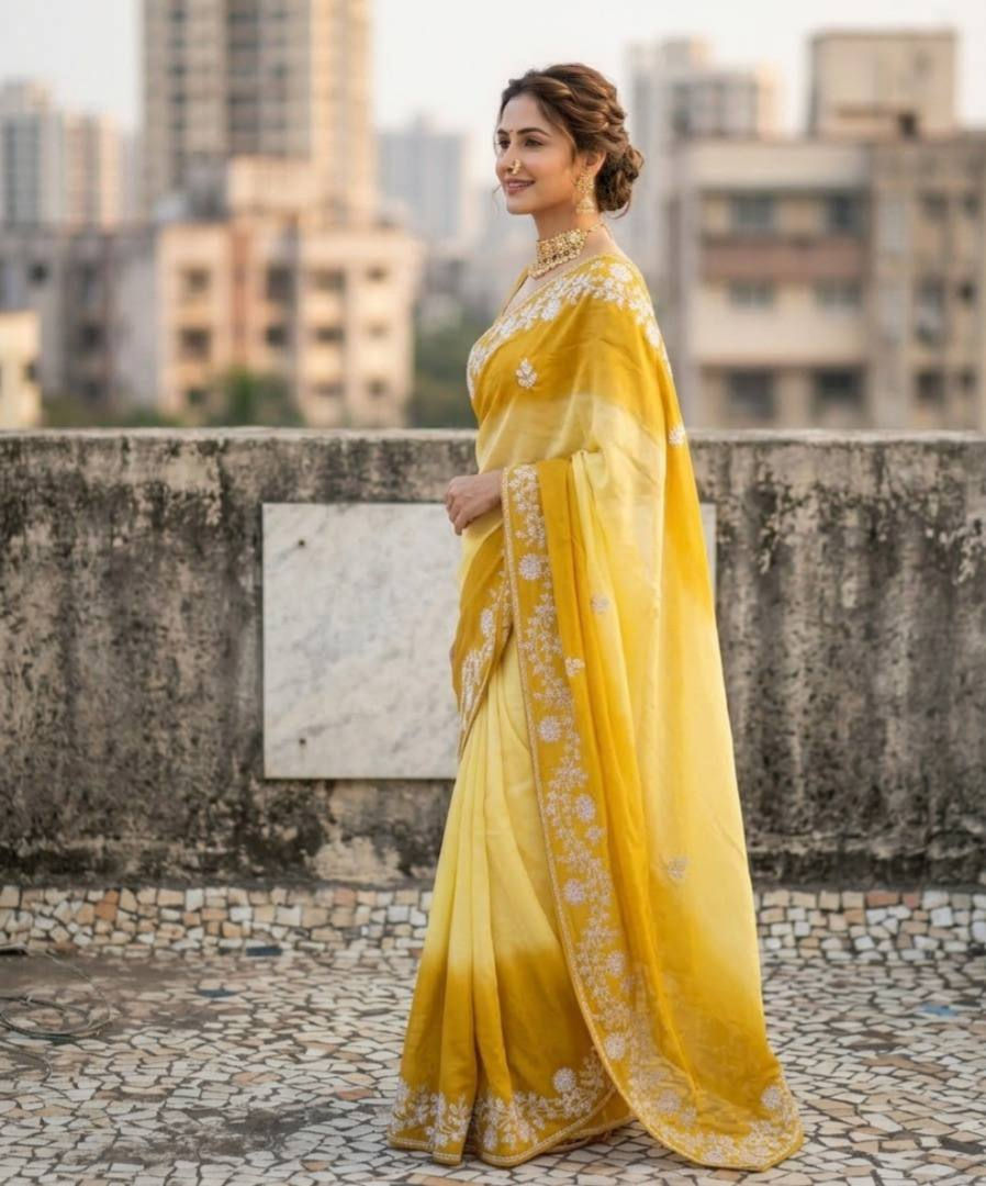 Thumbnail: Women Premium Padding Chinon Silk Saree with C Pallu Zari Thread and Sequins Wor