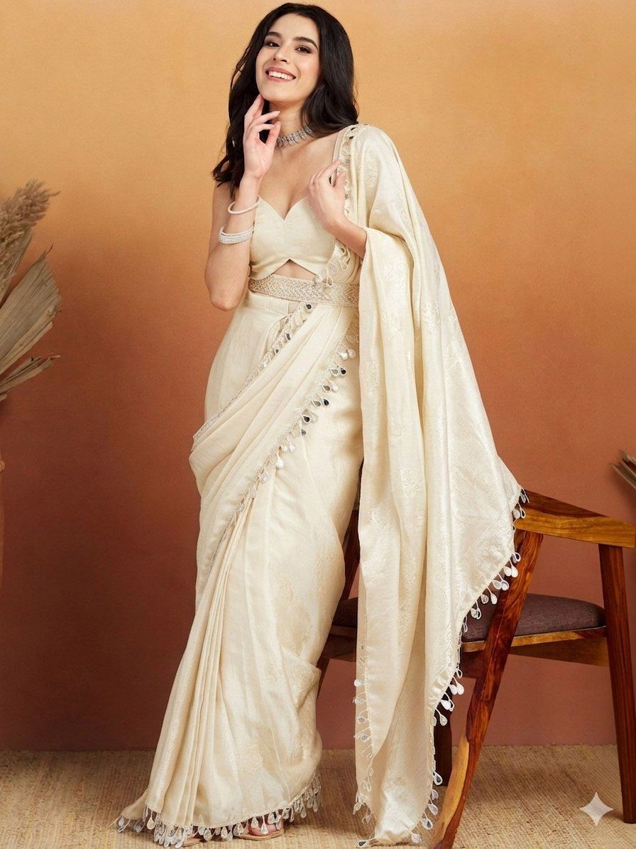 Thumbnail: Fandy Satin Saree Mirror Work Lace Border Designer Party Wear Saree with Blouse