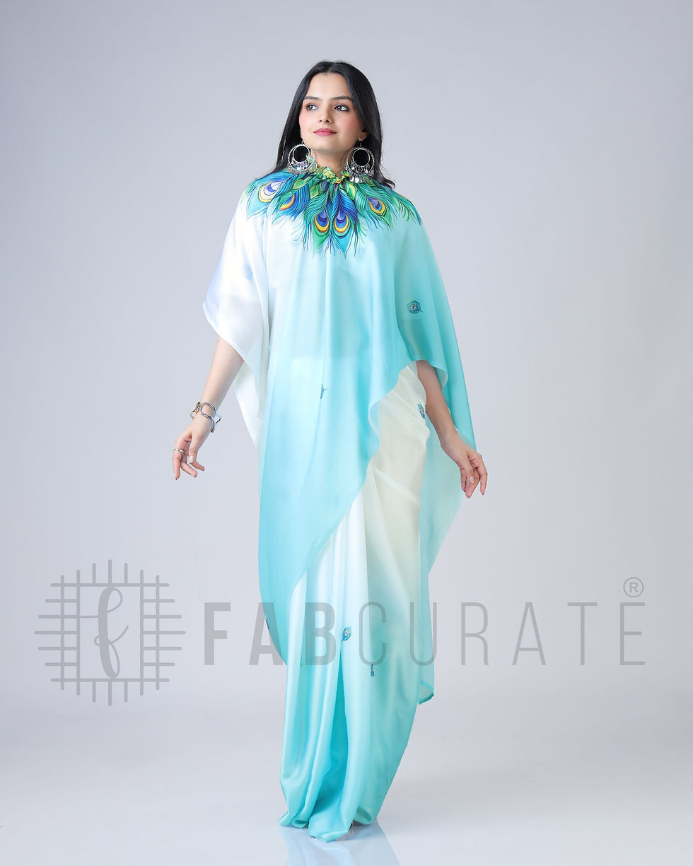 Blue Feather Ombre Freehand Saree