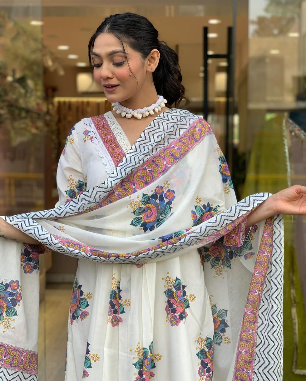Thumbnail: Cotton Embroidered Kurti Pant Set with Printed Dupatta Elegant Festive Wear