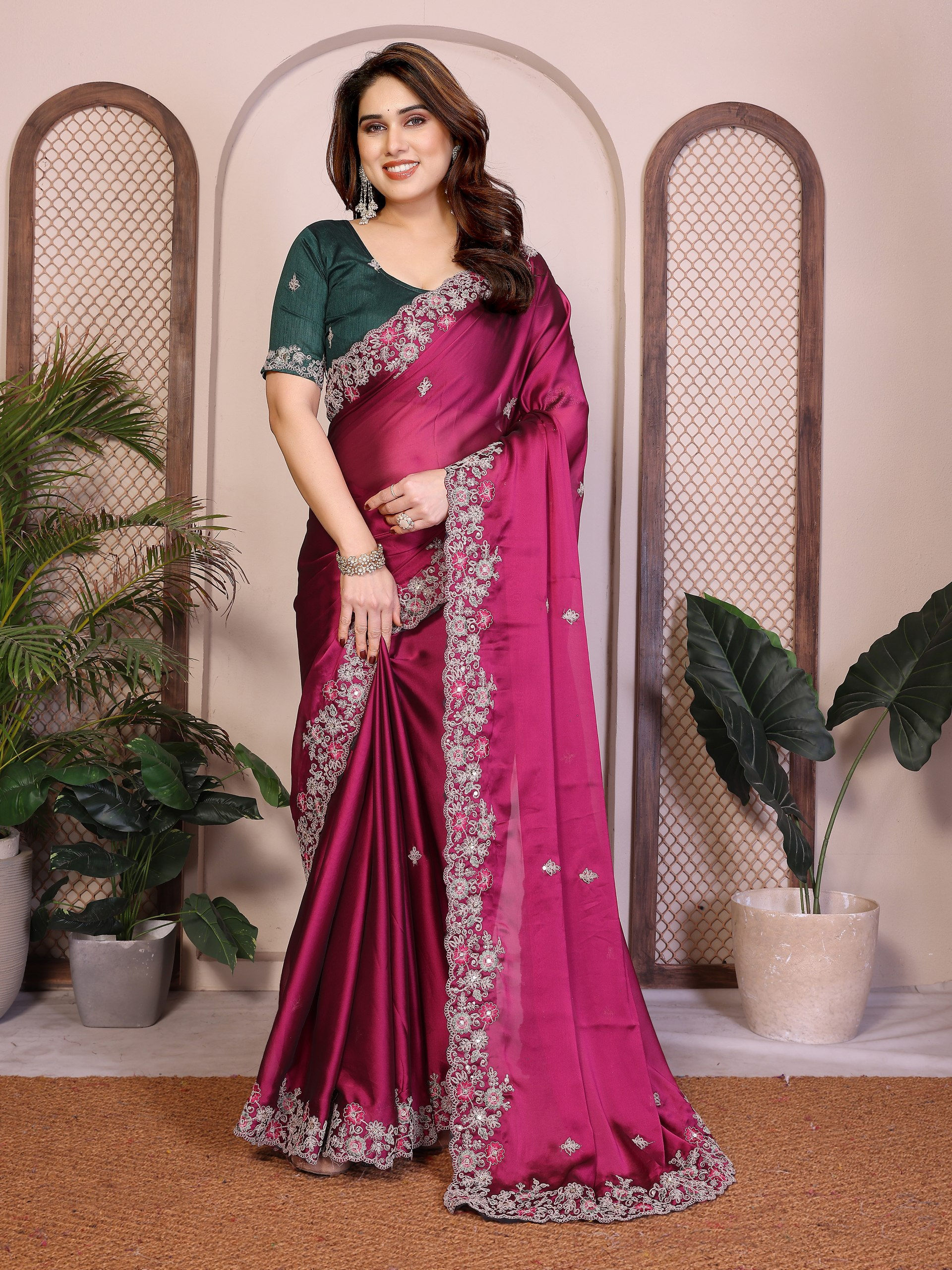 Women Rangoli Silk Saree with Embroidery Lace Border and Embroidered Mono Banglo