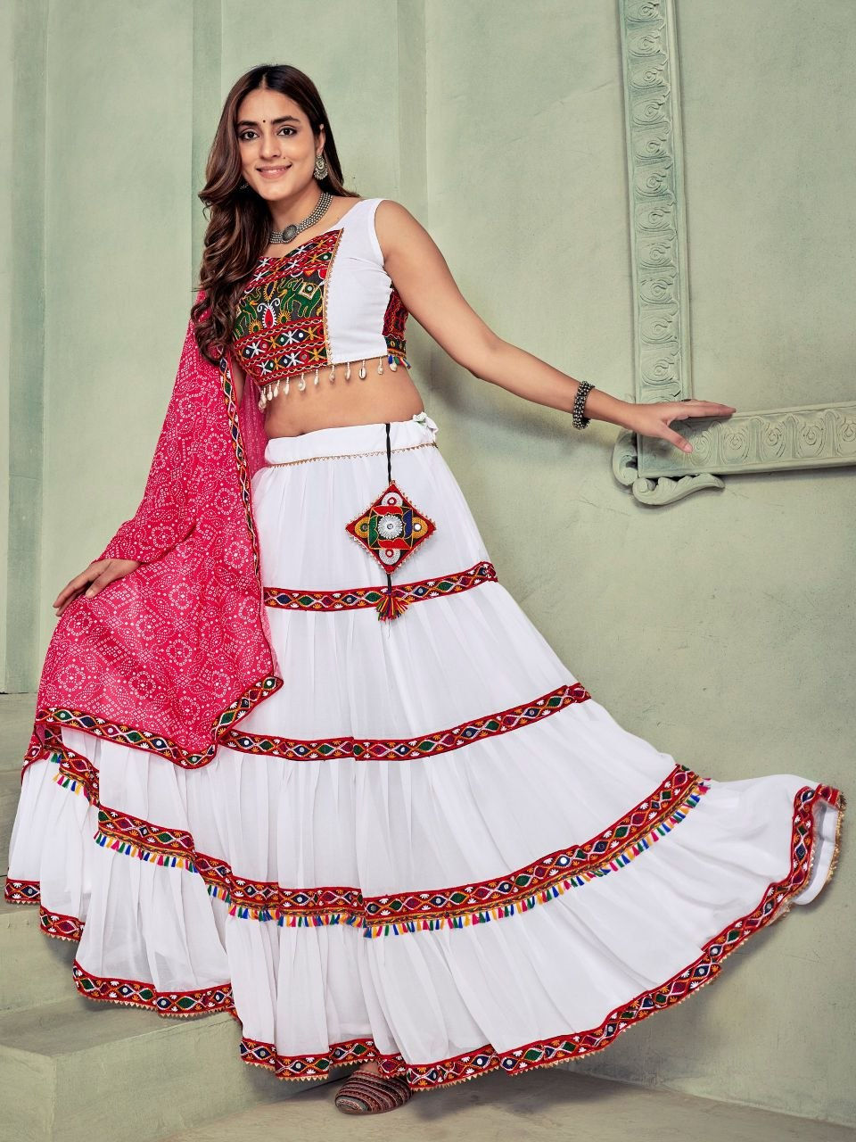 Thumbnail: Georgette Embroidered Mirror Work Lehenga Choli Set with Dupatta Wedding Wear fo