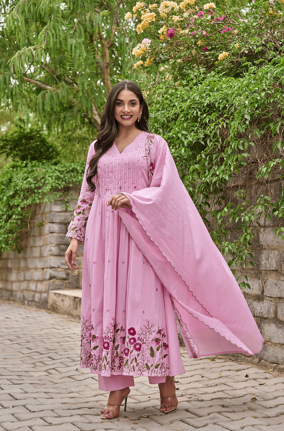 Thumbnail: Women Chanderi Silk Kurta Pant Dupatta Set with Embroidery and Handwork