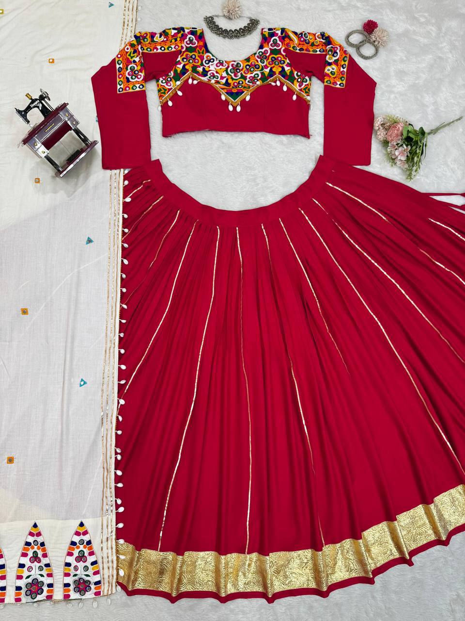 Thumbnail: Semi Stitched Rayon Lehenga Choli with Mirror and Lace Work for Women Wedding an