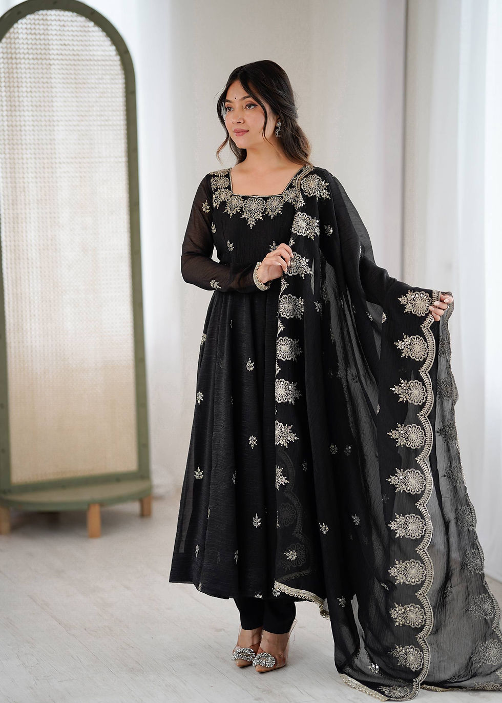 Thumbnail: Women Crunchy Silk Embroidered Gown Set with Dupatta Party Wear