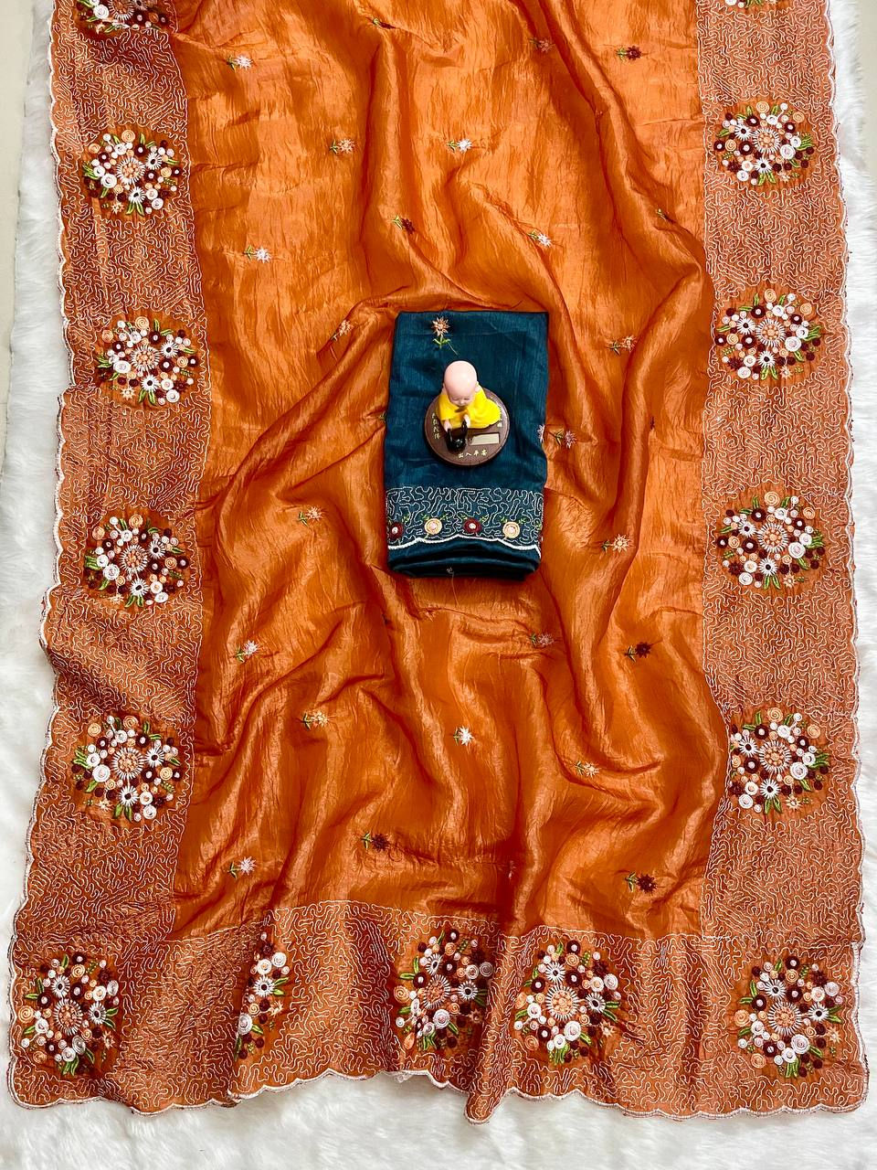 Thumbnail: Premium Paper Crush Silk Saree with Multi Thread Embroidery and Sequins Work