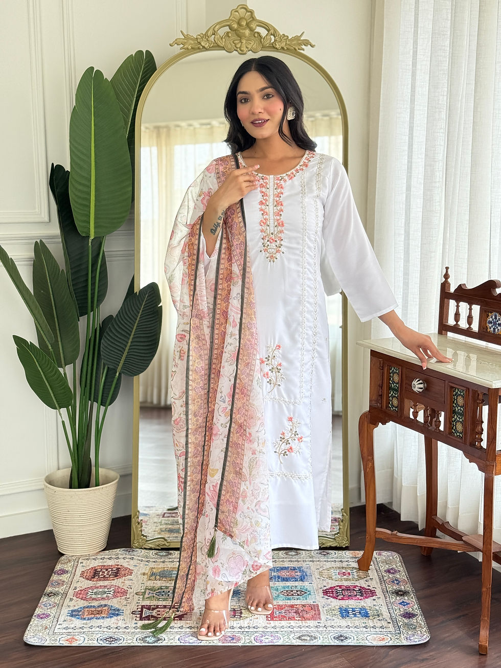 Thumbnail: Women's Rayon Embroidered Kurta Set with Viscose Pant and Tedy Printed Dupatta