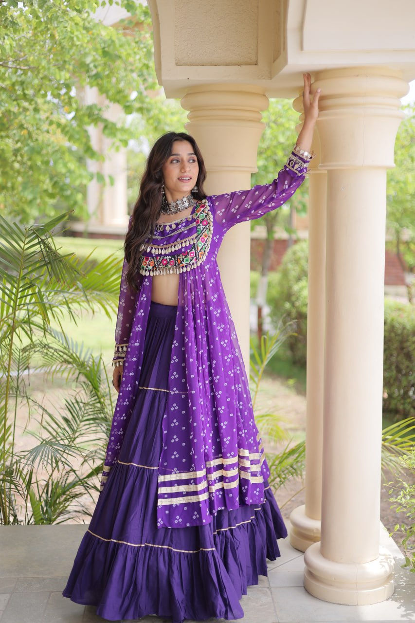 Thumbnail: Women's Kora Cotton Lehenga with Bandhani Print Kutchi Patchwork Kurti