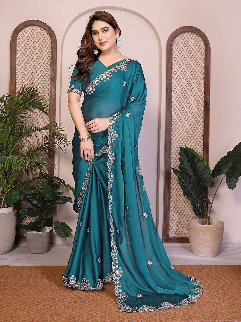 Thumbnail: Women Soft Satin Chiffon Saree with Embroidery Lace Border and Mono Banglory Sil