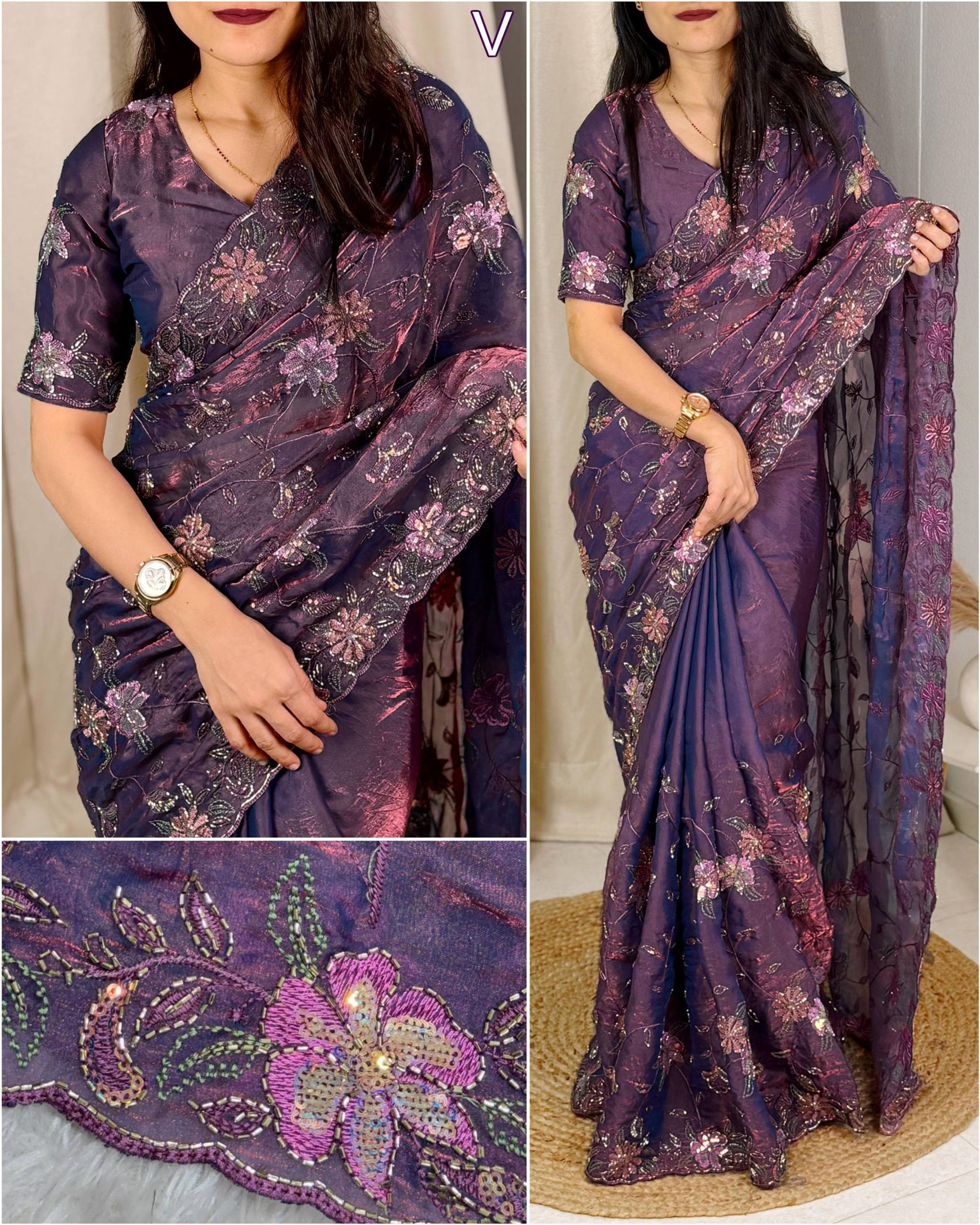 Women Fendy Satin Saree with Sequins Beads Embroidery Work