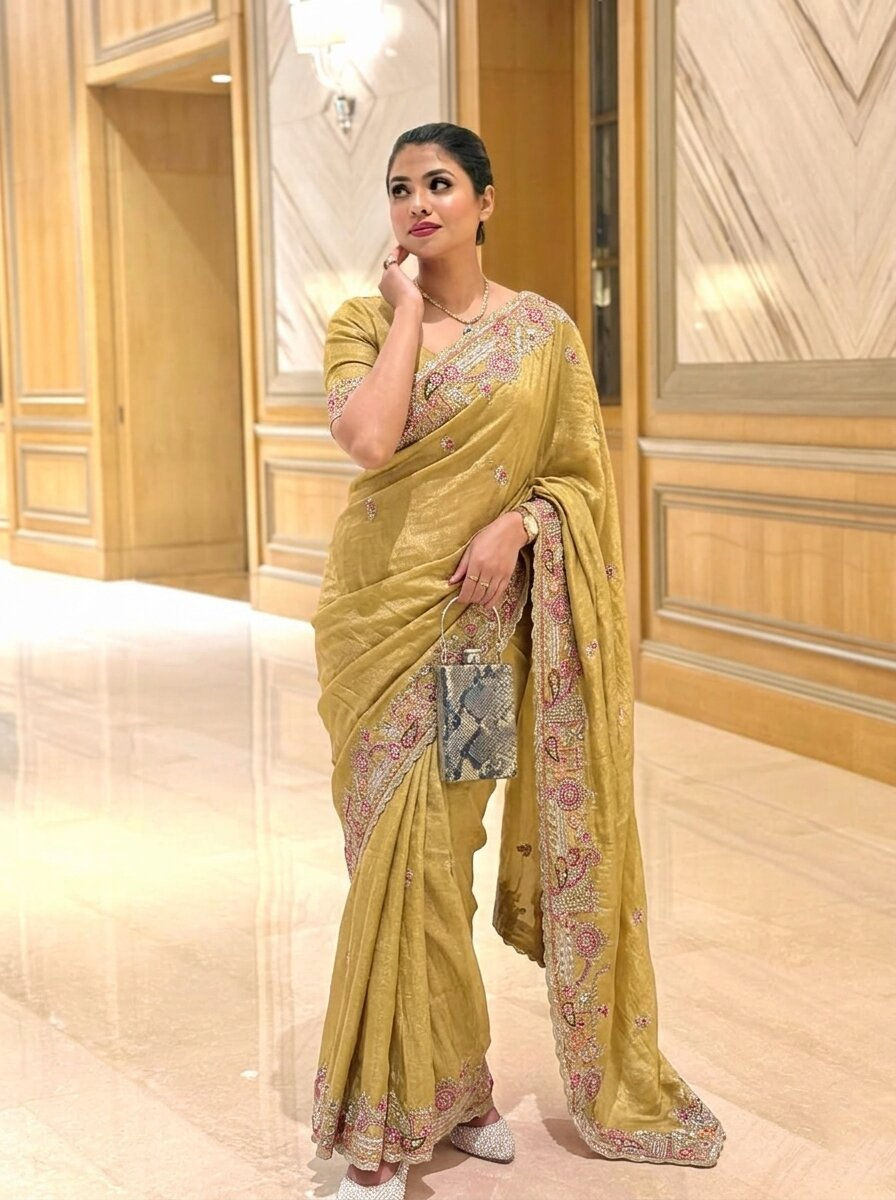 Thumbnail: Women Soft Tissue Chiffon Silk Saree with Zarkan Embroidery Wedding Wear Saree