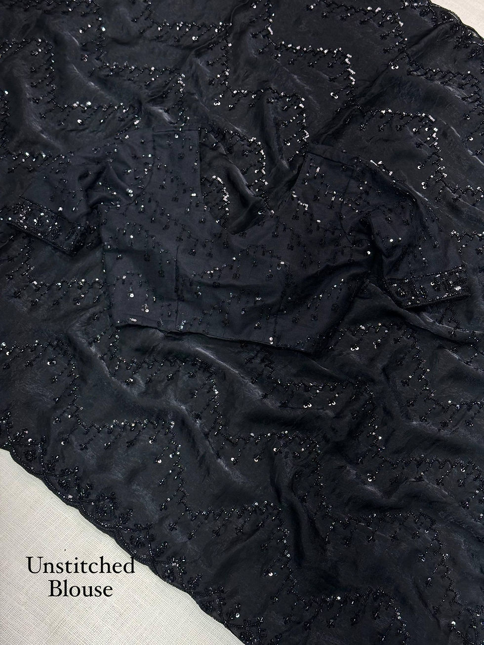 Thumbnail: Women Black Fandy Satin Saree with Heavy Beads and Sequins Embroidery