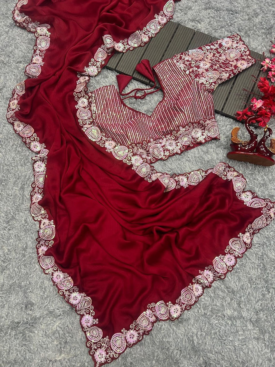 Thumbnail: Designer Partywear Chiffon saree with Beautiful Embroidery Work
