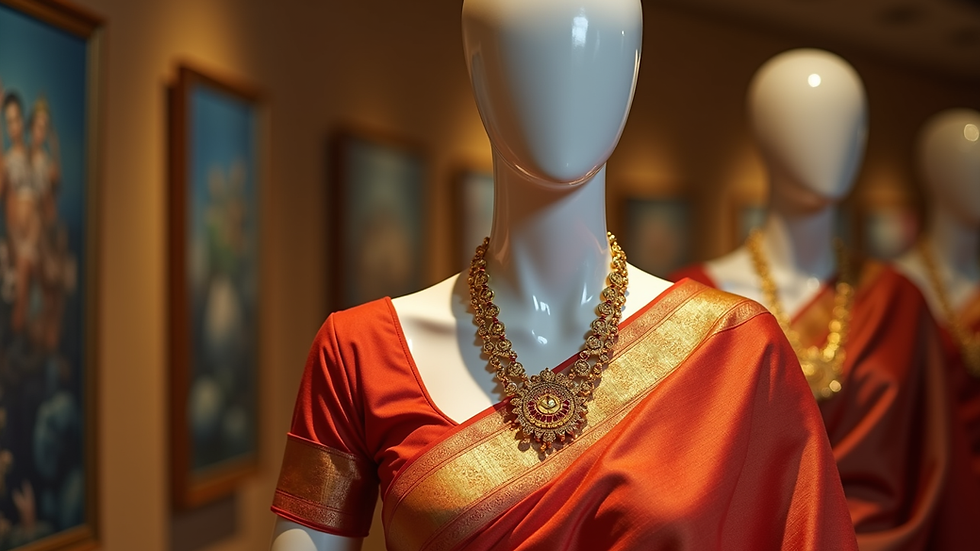 Eye-level view of a mannequin dressed in a Kubera silk saree with traditional gold jewellery