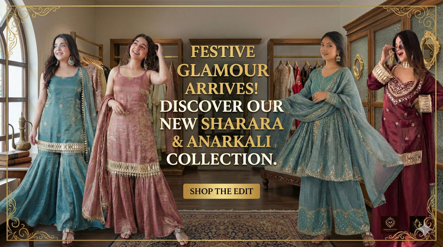 A premium website banner showcasing five models in elegant, hand-embroidered sharara suits with detailed 'zari' and 'gotapatti' work in mustard yellow, bottle green, coral, ivory, and mint green, featuring a gold 'Shop Now' button at the bottom against a draped silk background.