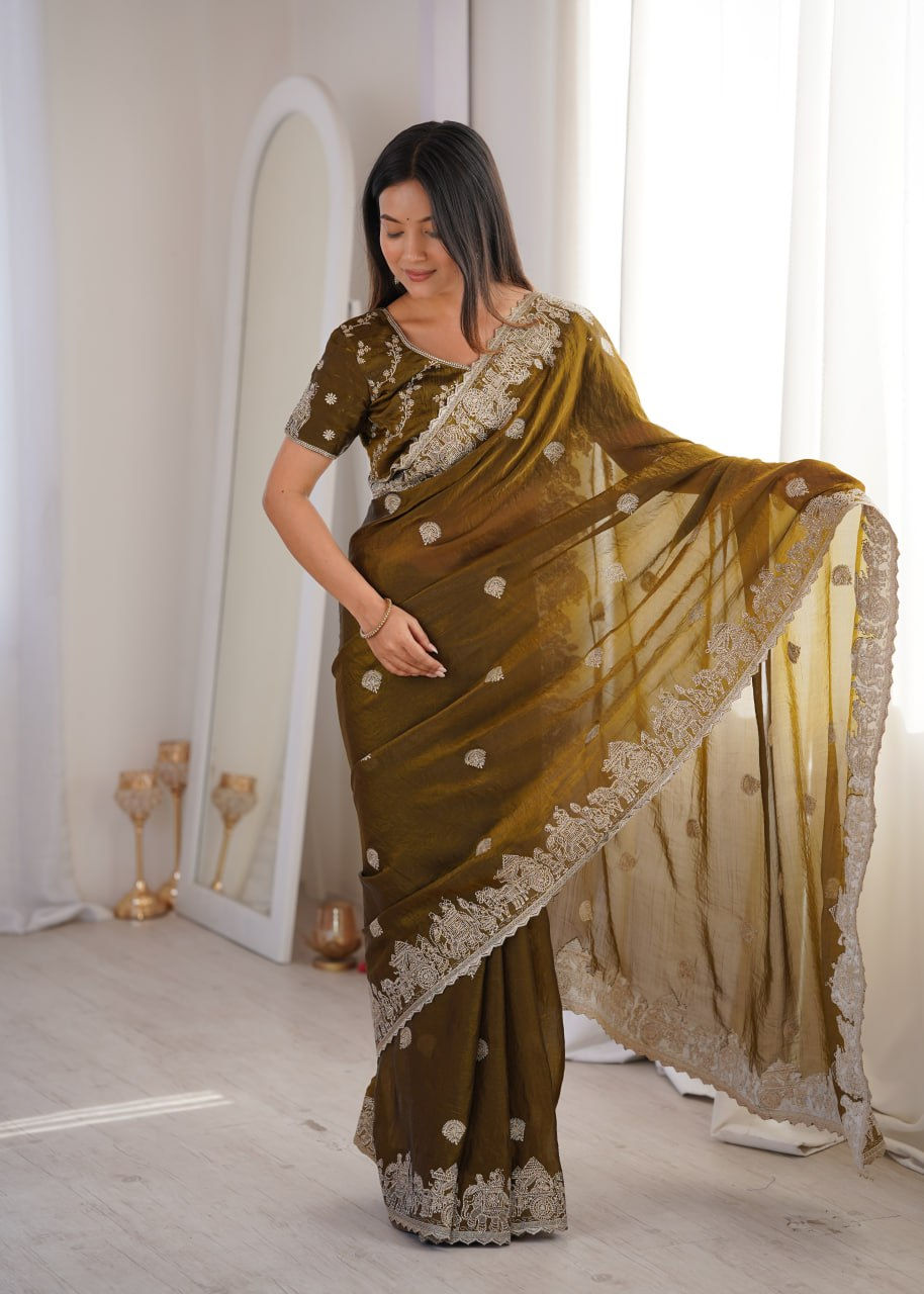 Thumbnail: Women's Premium Fendy Crush Designer Saree with Zari Embroidery & Hotfix Work