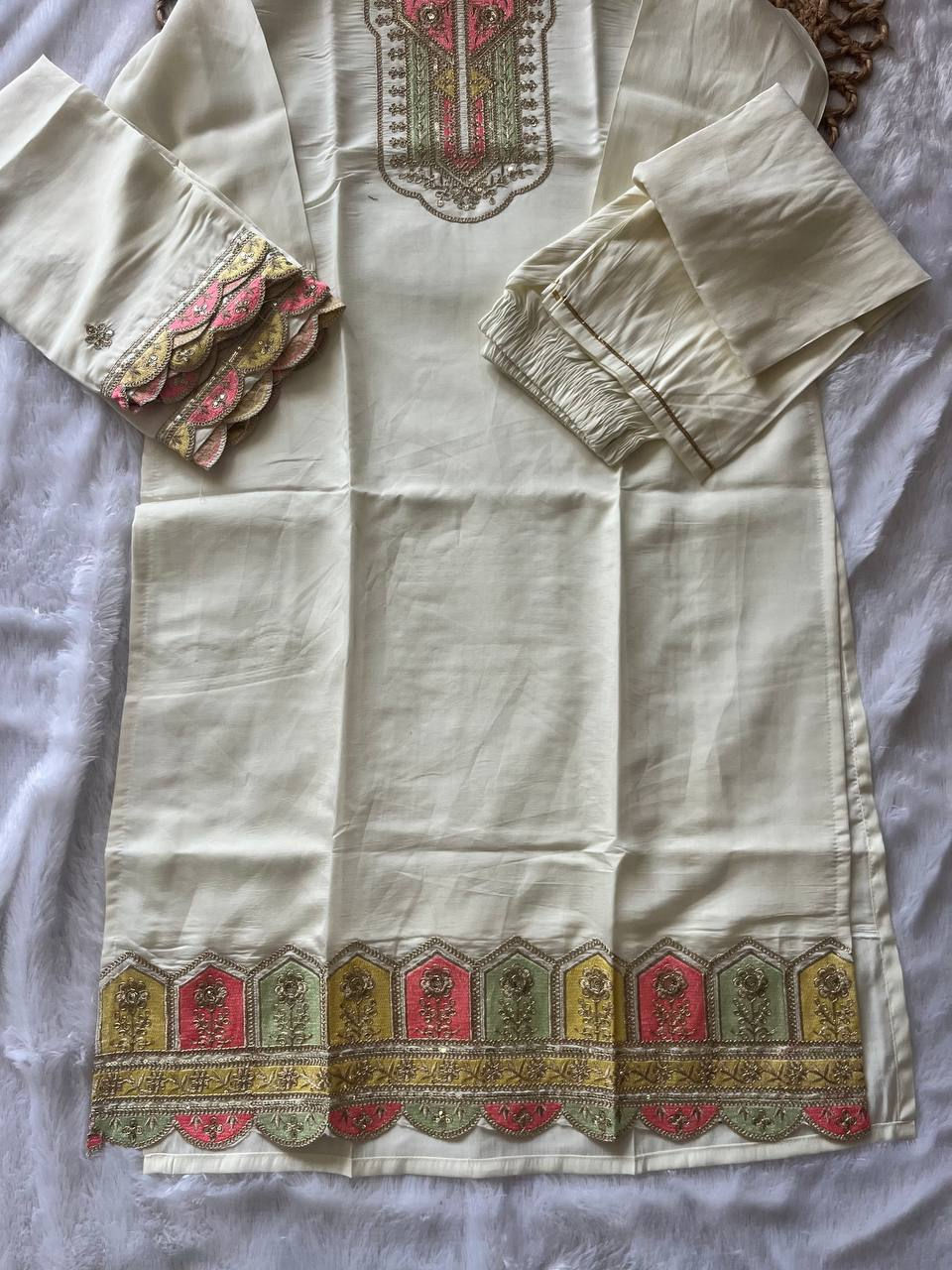 Thumbnail: Women's Premium Silk Blend Embroidered Kurti Pant Set | Designer Straight Kurta