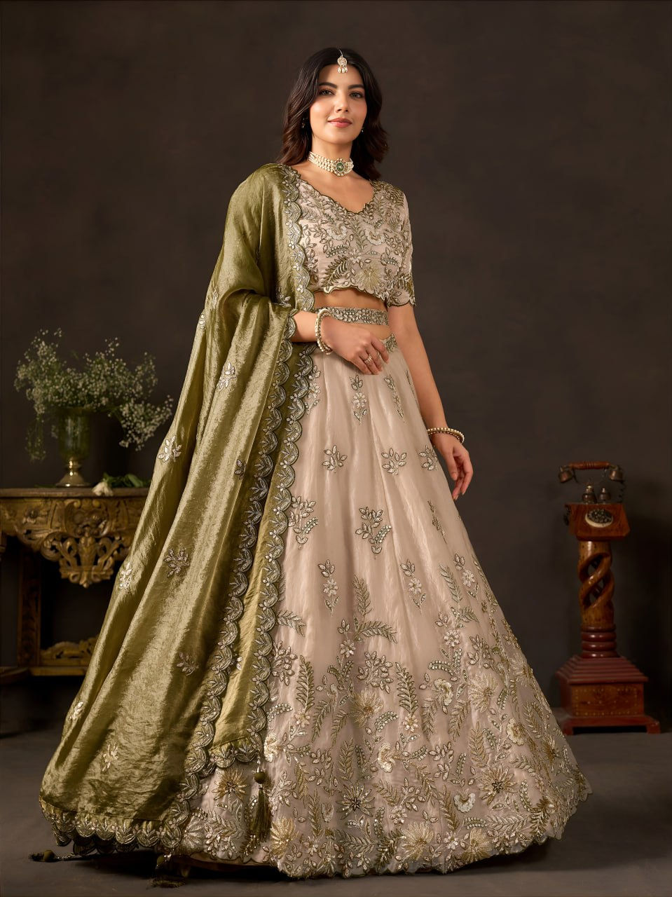 Luxury Olive Gold Fendy Silk Lehenga Choli with Dori, Zari & Sequin Embroidery