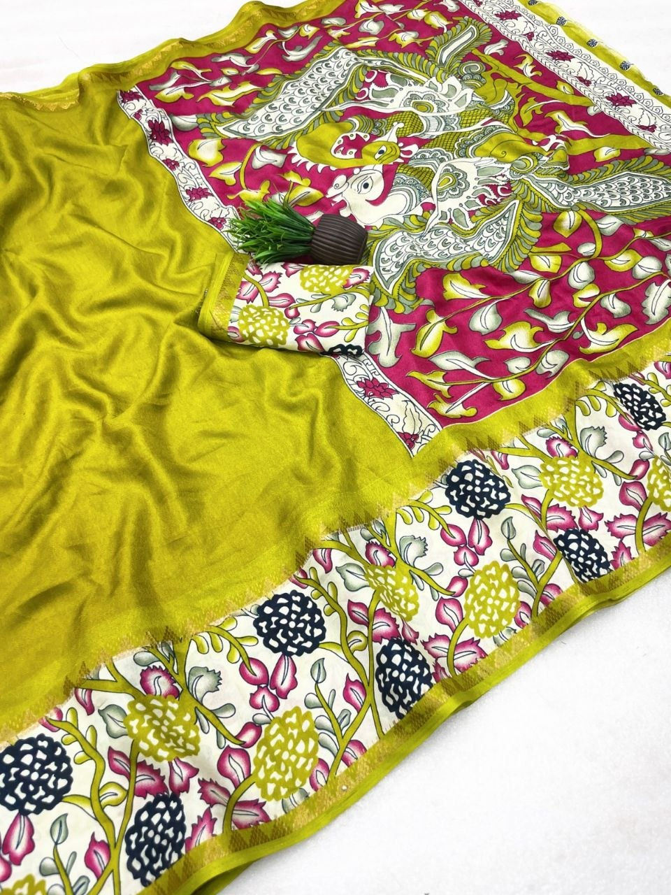 Thumbnail: Kalamkari Print Cotton Silk Saree Traditional Motif Contrast Blouse Ethnic Wear