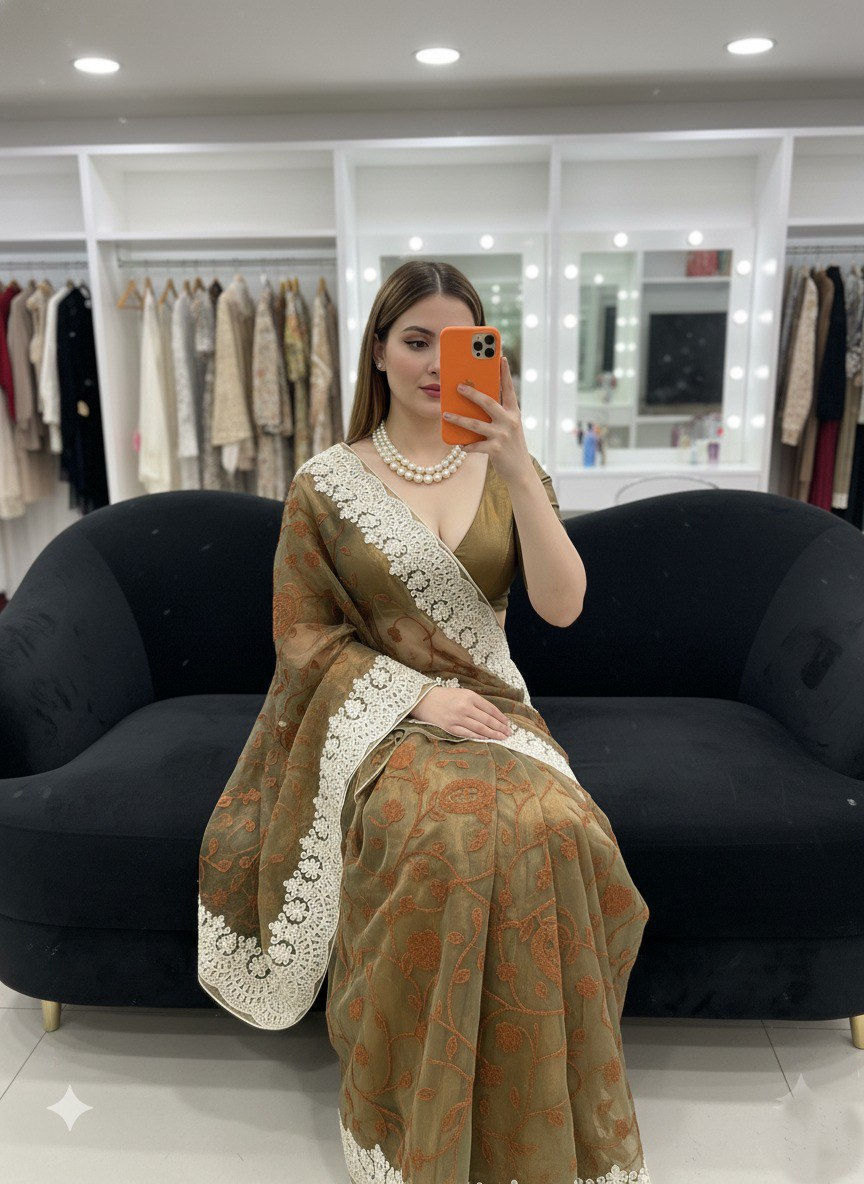 Thumbnail: Elegant Wedding Saree with Chikankari Embroidery and Piping Border with Matching