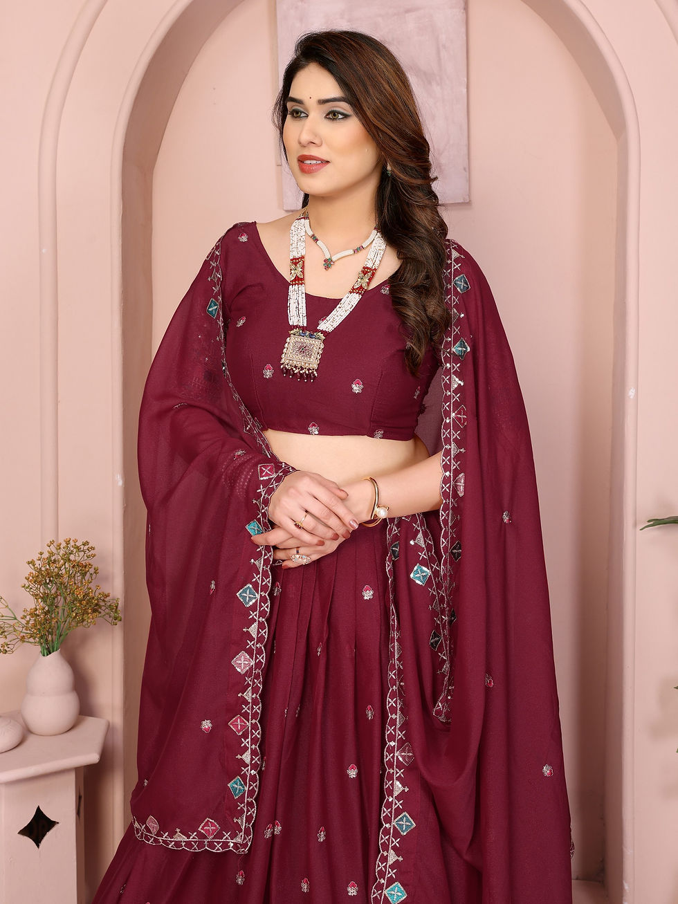 Thumbnail: Women Star Georgette Embroidered Lehenga Choli Set with Cutwork Dupatta Festive