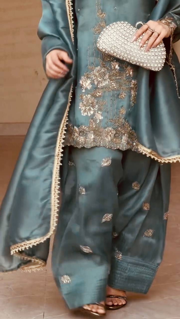 Thumbnail: GMY Silk Embroidered Kurta Farshi Pant Set with Dupatta Designer Ethnic Suit for