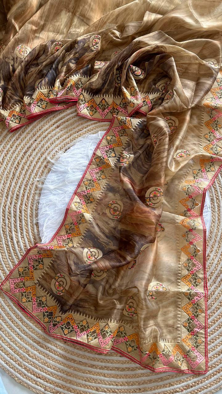 Thumbnail: Women Organza Silk Saree with Structured Print and Embroidered Work