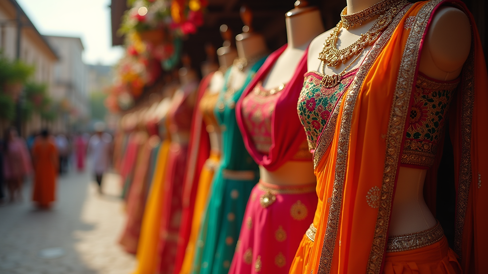 High angle view of a festive Indian outfit display with vibrant colors