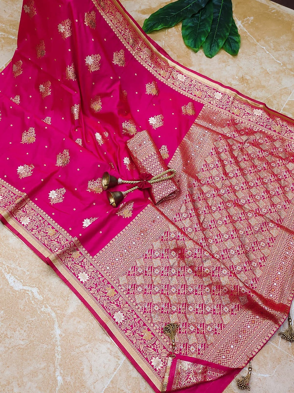 Thumbnail: Soft Banarasi Katan Silk Saree With Pure Silver And Gold Zari Weaves All Over Wi