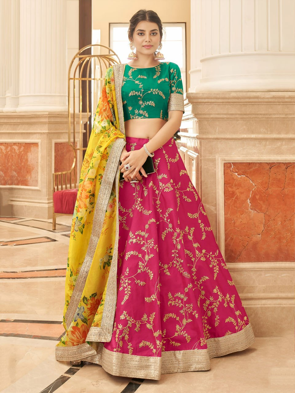 Art Silk Lehenga Set Green Blouse Yellow Organza Dupatta Zari Embroidery Ethnic
