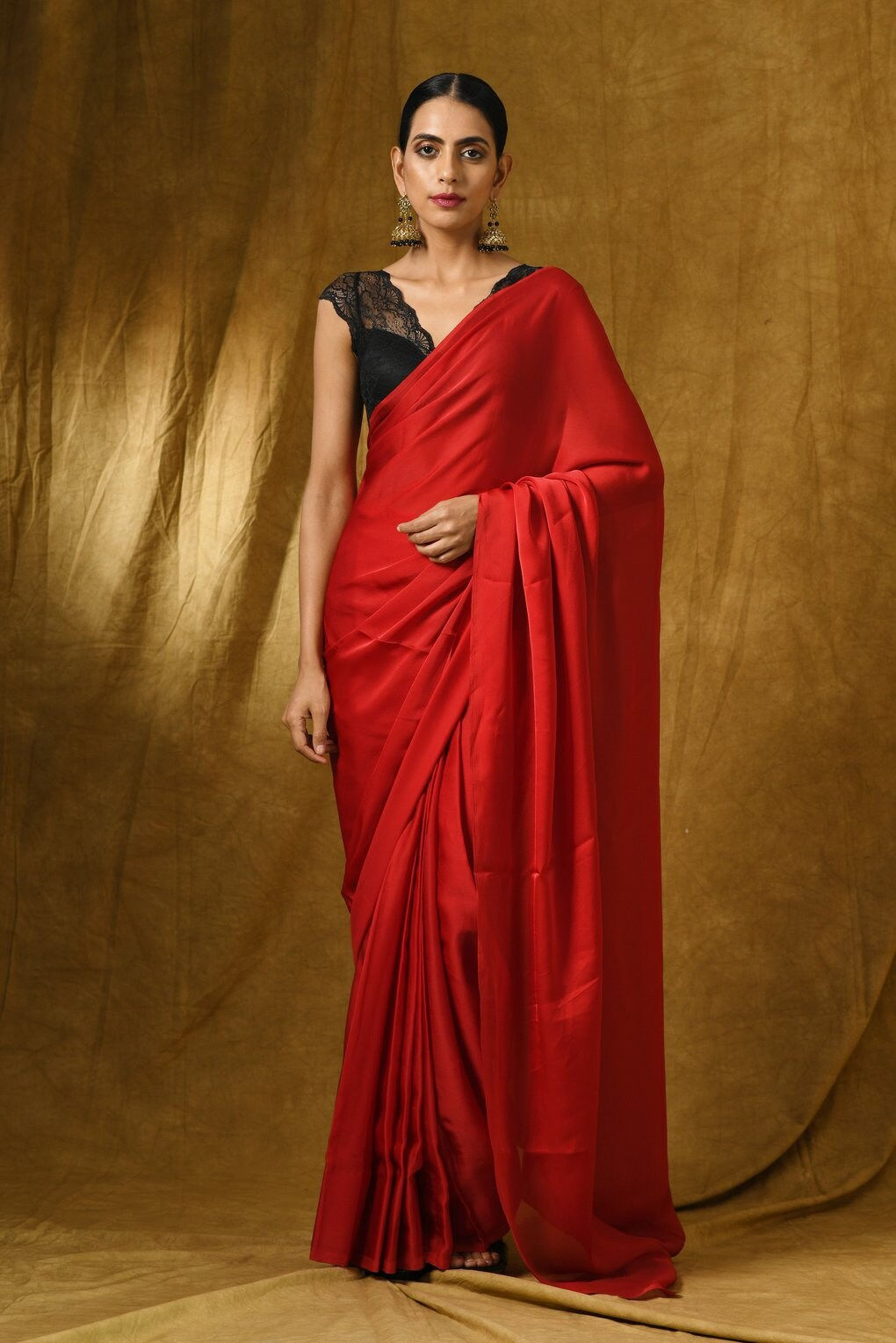 Red Satin Silk Plain Saree With gold Sequence embroidery Unstitch Blouse For W