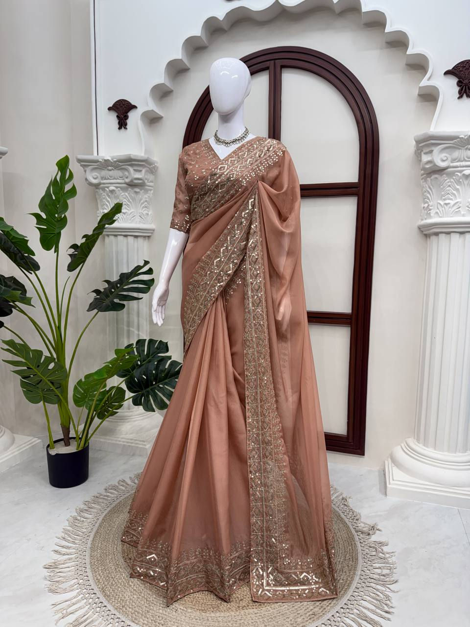 Thumbnail: Women's Tibby Silk Saree with Intricate Thread & Sequins Embroidery